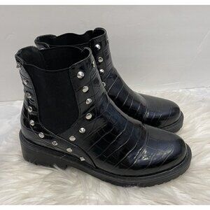 London Rebel Wide Fit Studded Patent Black Chelsea Low Ankle Boot Size 38/USA 7‎